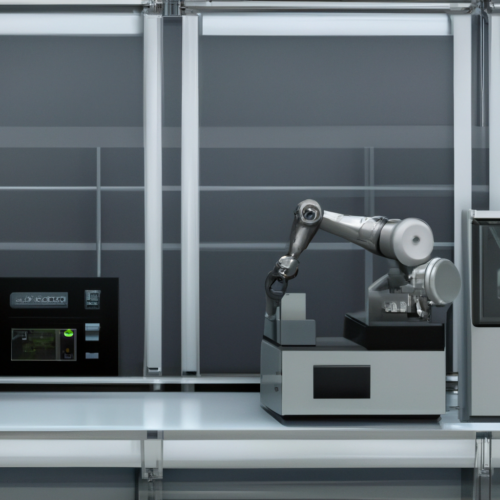 Laboratoire de robotique moderne avec icônes de contact et surface en verre, ambiance claire